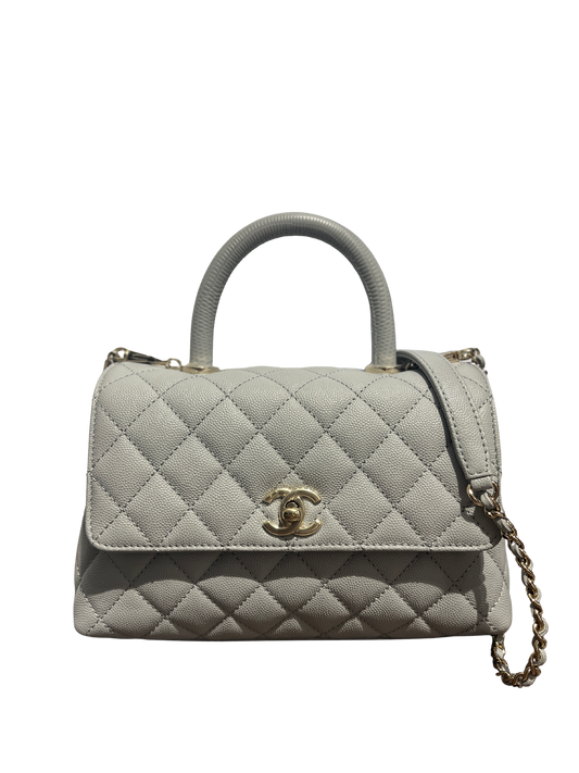 Used CHANEL Calfskin Leather Coco Handle small Cross Body Bag Gray GHW