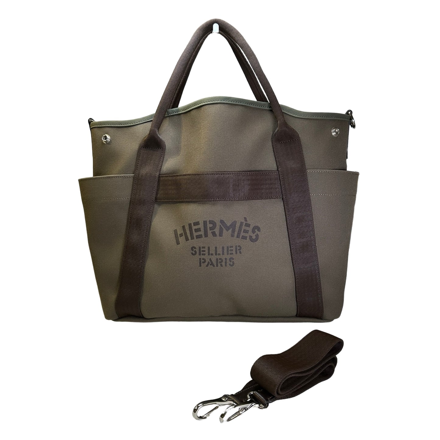 Used HERMES Canvas Grooming Bag Tote Bag Khaki Orange