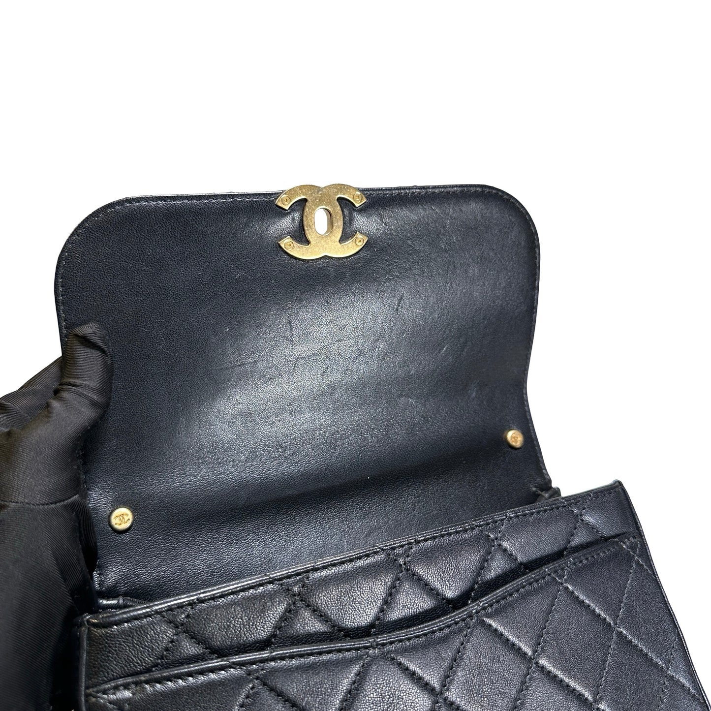 Used CHANEL Lambskin Chain Infinity Top Handle Bag Cross body bag Black GHW