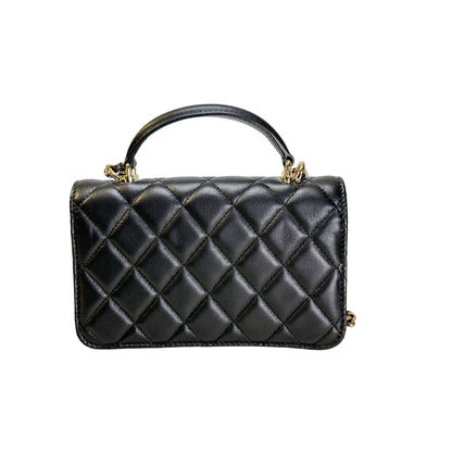 Used CHANEL Quilted Lambskin Phone Holder with Top Handle and Chain Crossbody Bag Black GHW