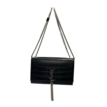 Used Saint Laurent Calfskin Leather Crocodile-Embossed Kate Tassel Chain Shoulder Bag Black PHW