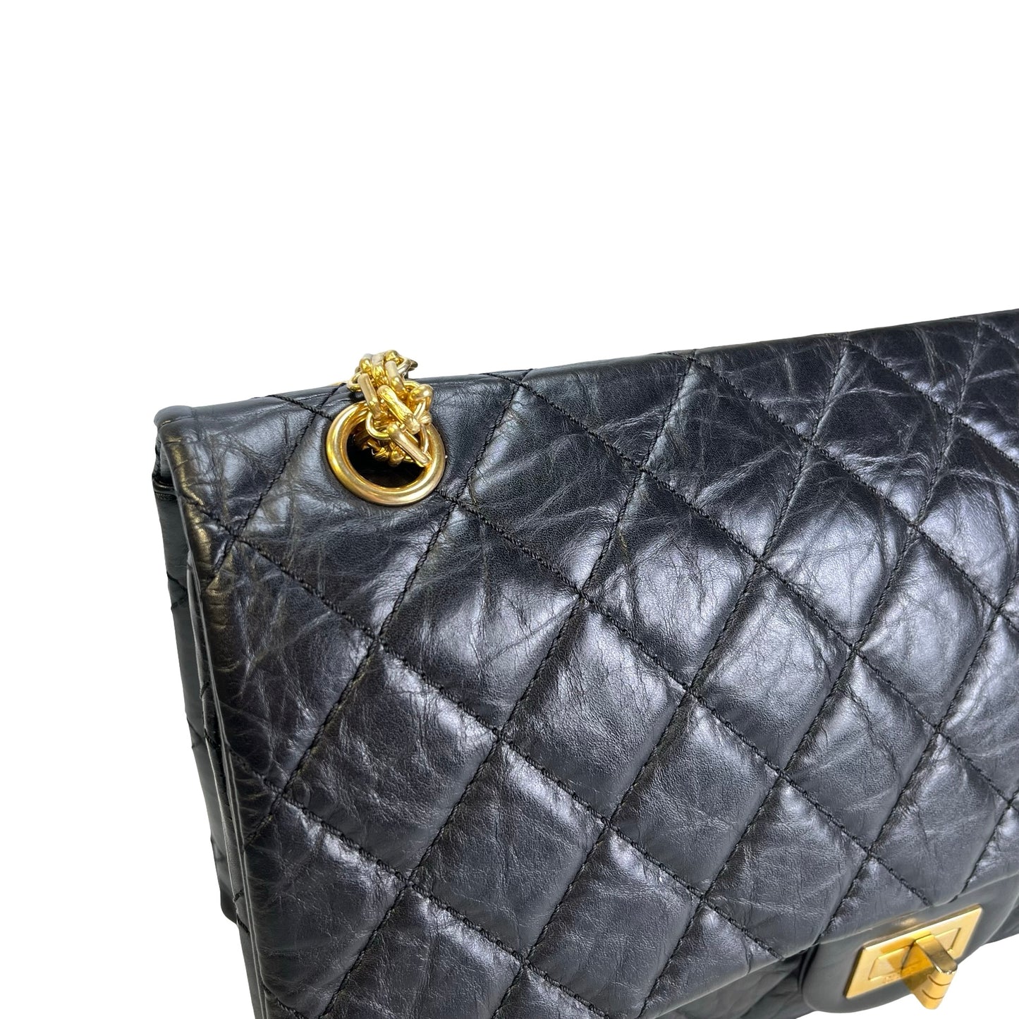 Used CHANEL Quilted Aged Calfskin 2.55 Medium Chain Shoulder Bag Black Gold