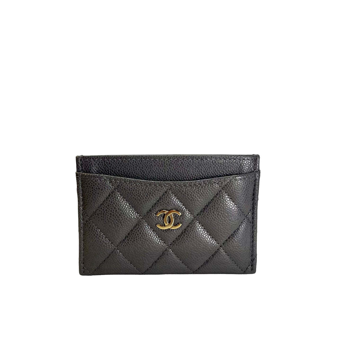 Used CHANEL Caviar Quilted Classic Card Case Grey Gold