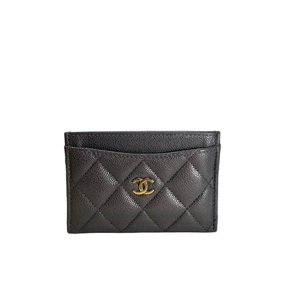Used CHANEL Caviar Quilted Classic Card Case Grey Gold