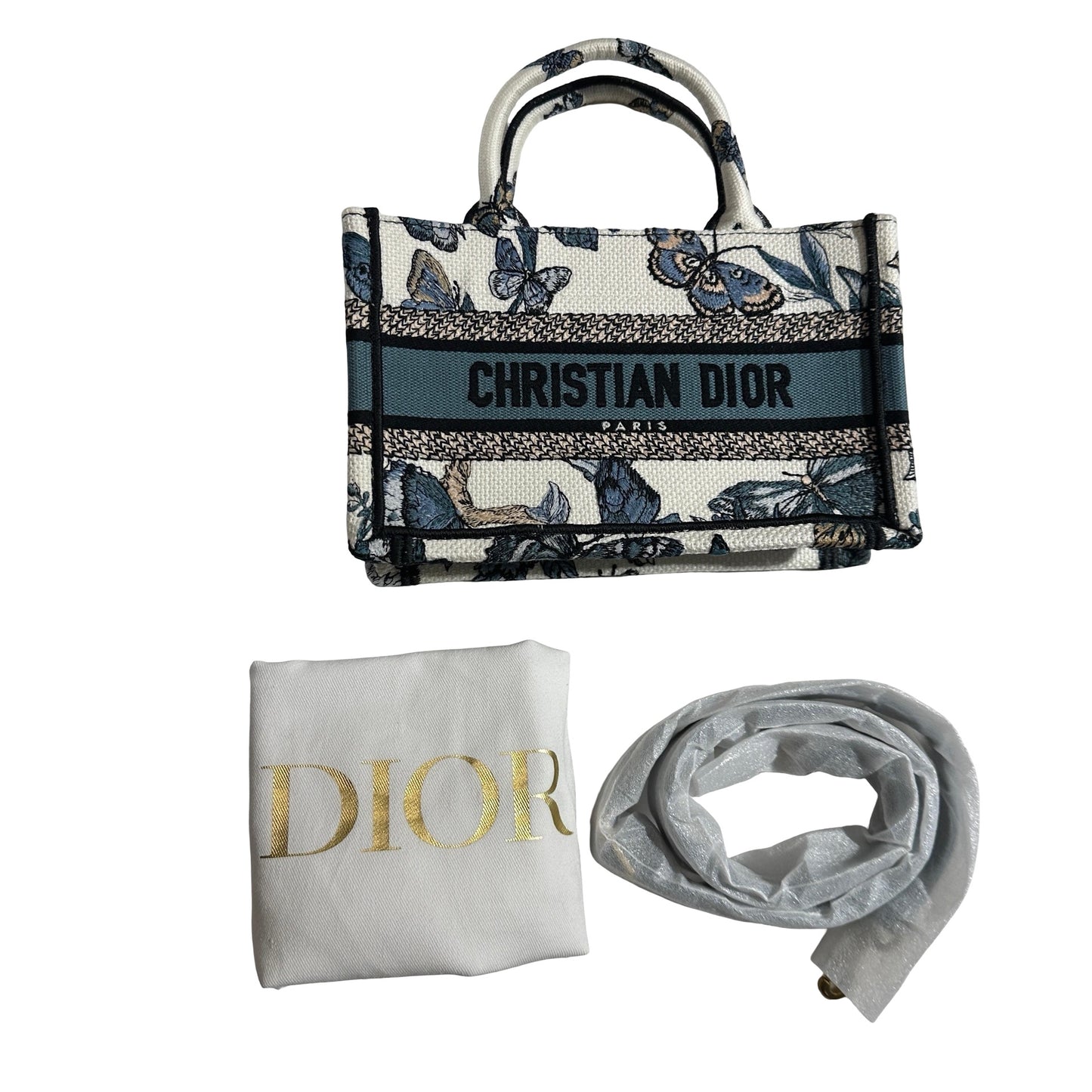 CHRISTIAN DIOR Canvas Embroidery Book Tote Tote Bag Blue White GHW