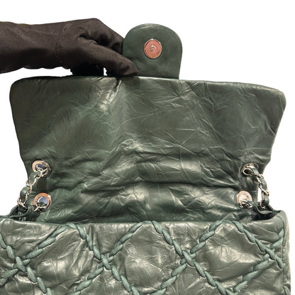 CHANEL Quilted Crinkled Calfskin Surpique Chain Shoulder Bag Dark Green Silver Hardware