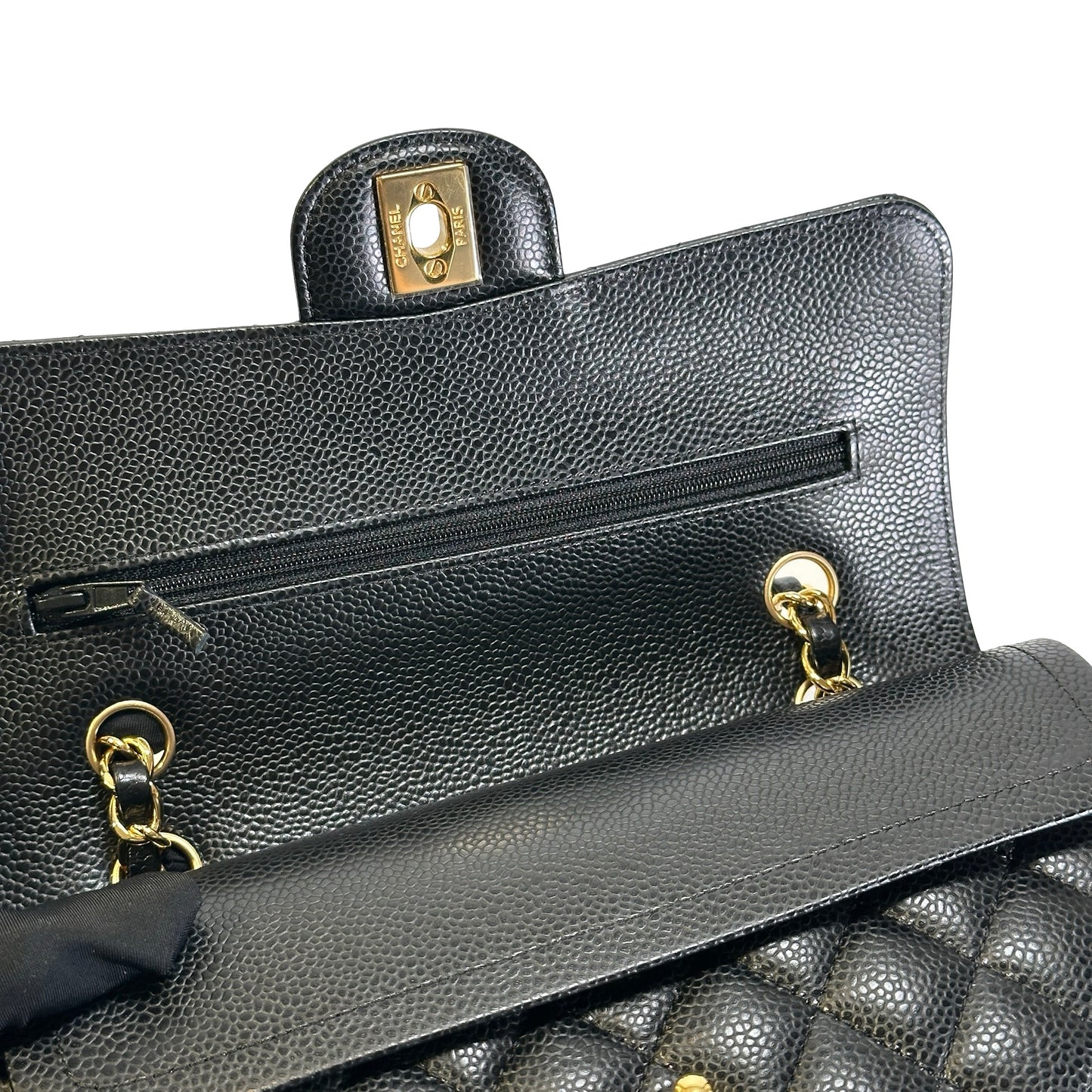 Used CHANEL Caviar Quilted Classic Double Flap Chain Shoulder Bag Black Gold