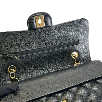 Used CHANEL Caviar Quilted Classic Double Flap Chain Shoulder Bag Black Gold