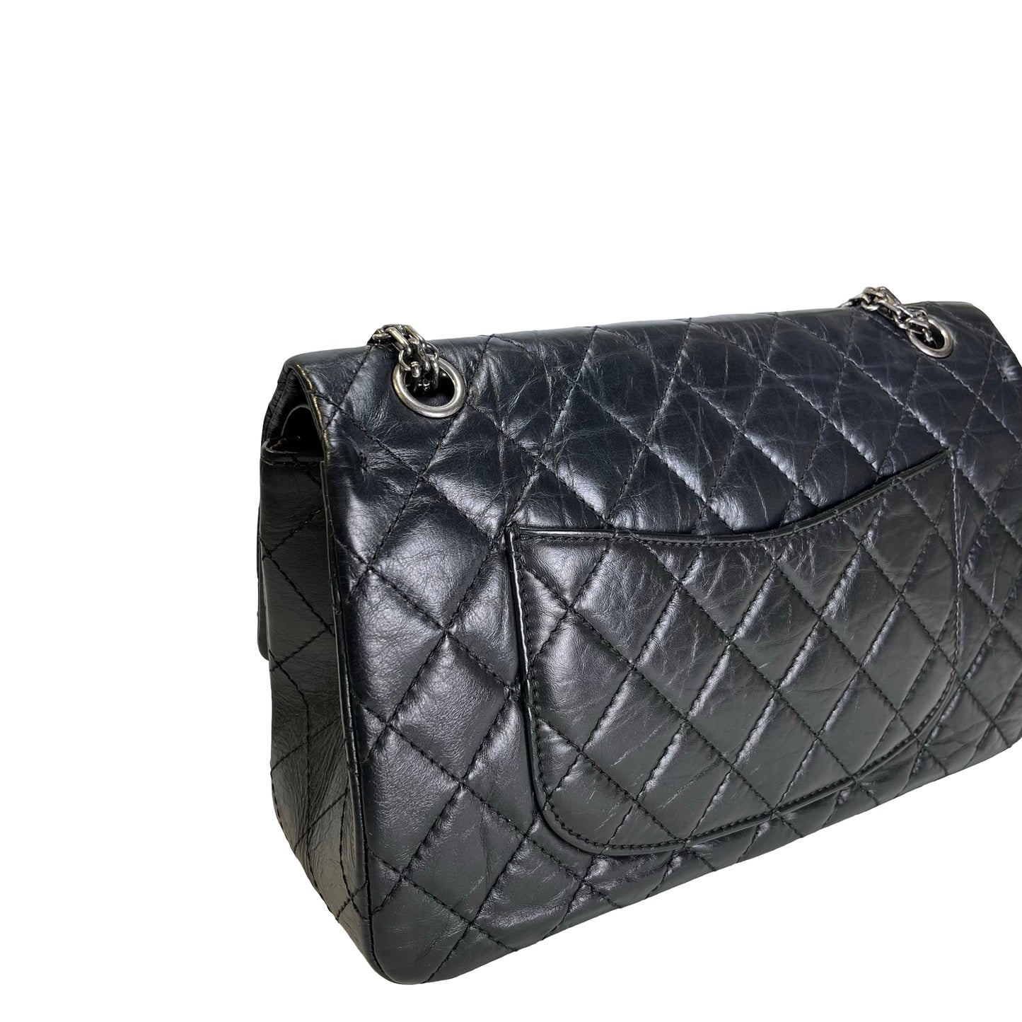 Used CHANEL Quilted Aged Calfskin 2.55 Medium Chain Shoulder Bag Black PHW