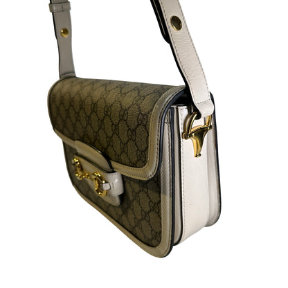 Used GUCCI GG Supreme Canvas Horsebit 1955 Shoulder Bag Beige White GHW