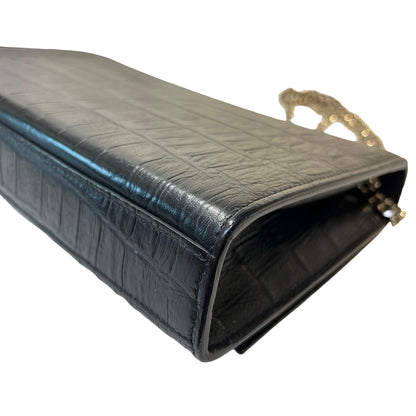 Used Saint Laurent Calfskin Leather Crocodile-Embossed Kate Tassel Chain Shoulder Bag Black PHW