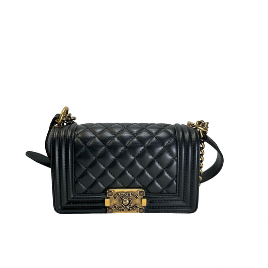 Used CHANEL Lambskin Boy 20 Shoulder Bag Black GHW