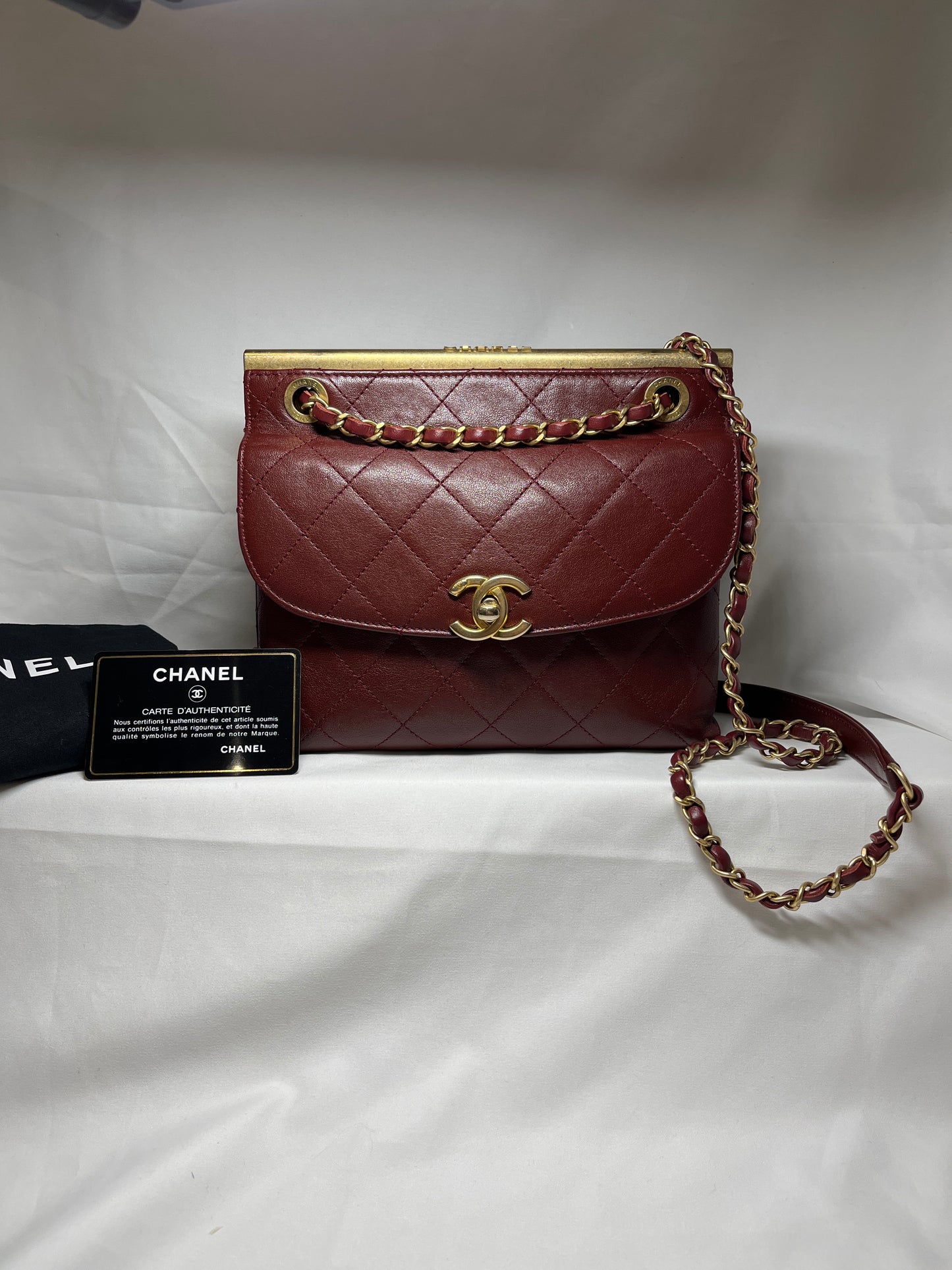 Used Chanel Calfskin Leather Double Sided Flap Shoulder Bag Black Wine Red