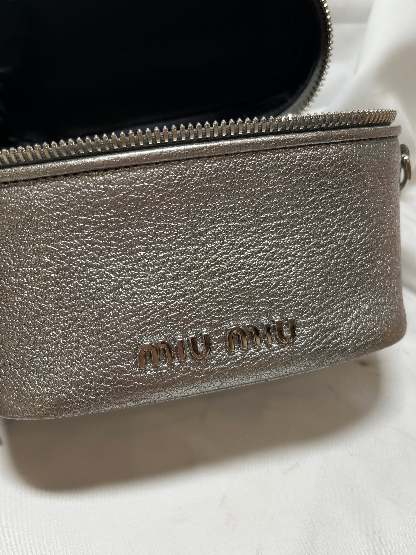 Used Miu Miu Calfskin Leather Vanity Bag Crossbody Bag Silver PHW