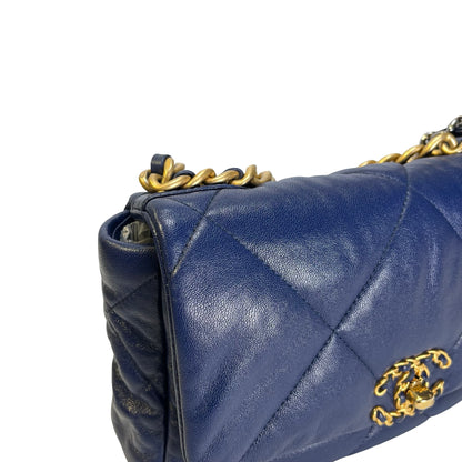 Used CHANEL Lambskin Quilted 19 Bag Shoulder Bag Navy Blue GHW