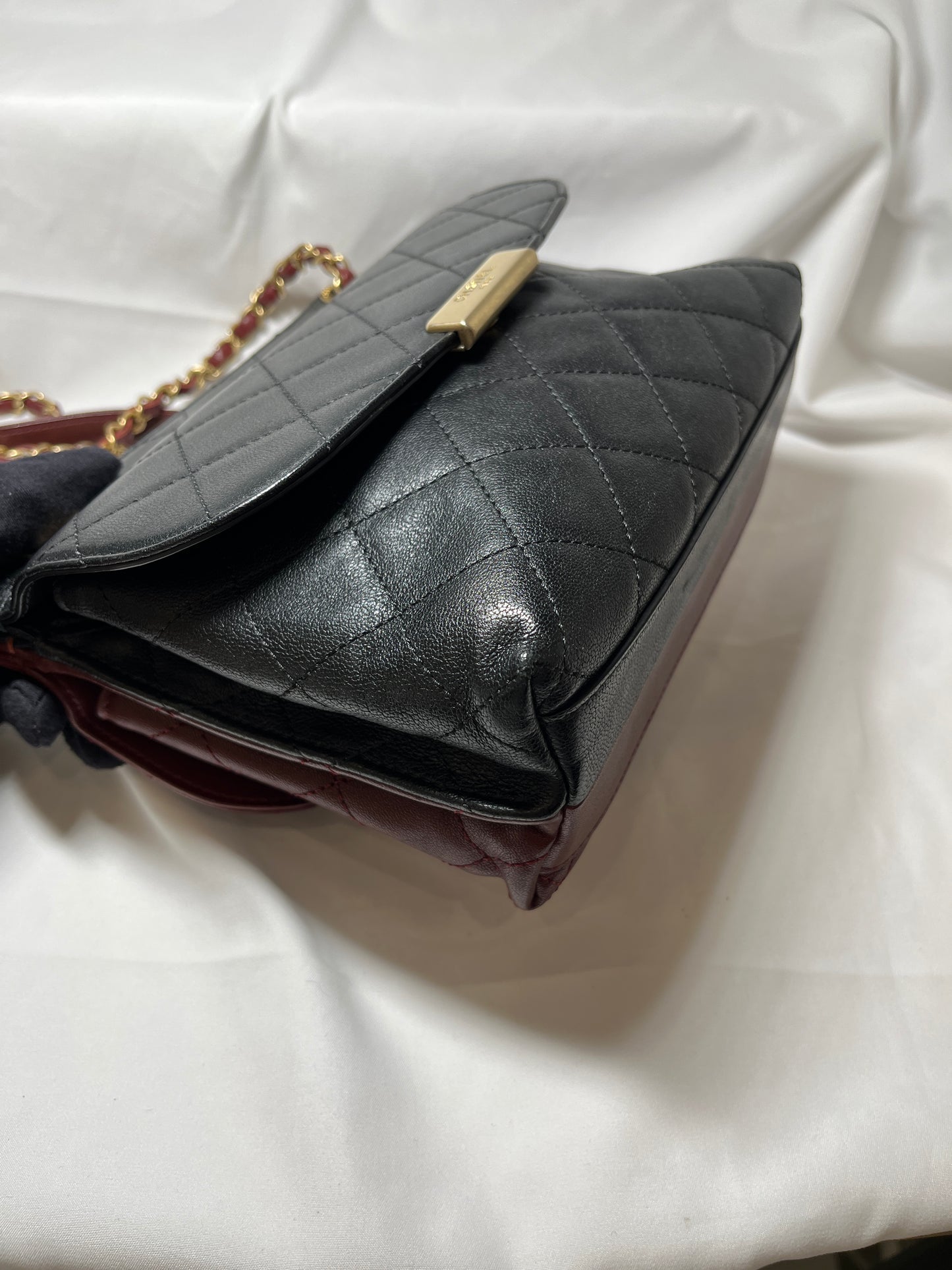 Used Chanel Calfskin Leather Double Sided Flap Shoulder Bag Black Wine Red