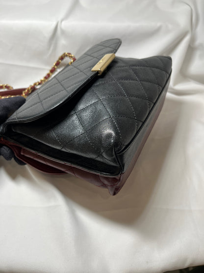 Used Chanel Calfskin Leather Double Sided Flap Shoulder Bag Black Wine Red
