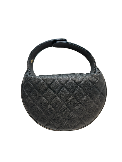Used CHANEL Caviar Leather RIBBON HOBO POUCH Handbag Black GHW