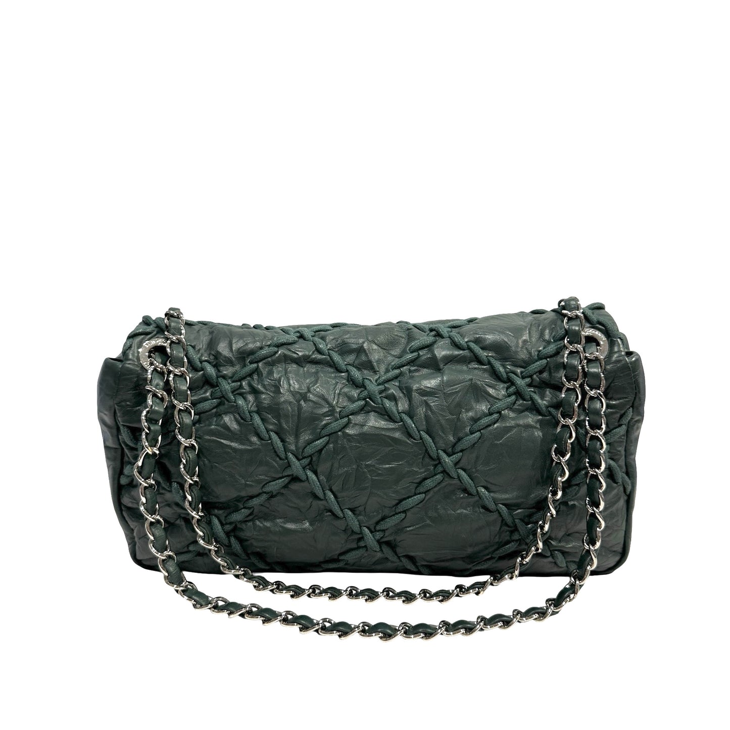 CHANEL Quilted Crinkled Calfskin Surpique Chain Shoulder Bag Dark Green Silver Hardware