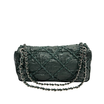 CHANEL Quilted Crinkled Calfskin Surpique Chain Shoulder Bag Dark Green Silver Hardware