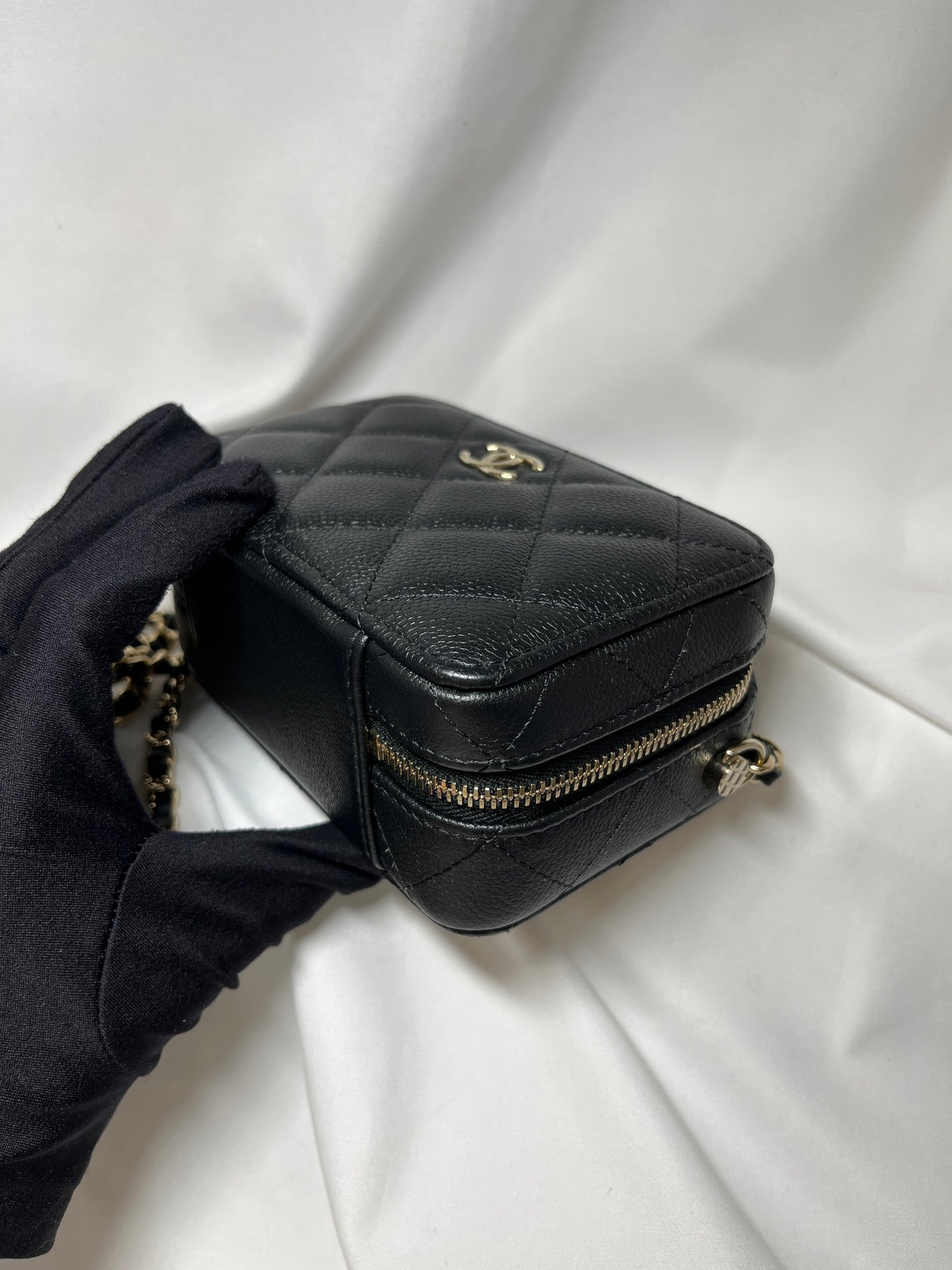Used CHANEL Calfskin Leather Handle Mini Cross Body Bag Black GHW