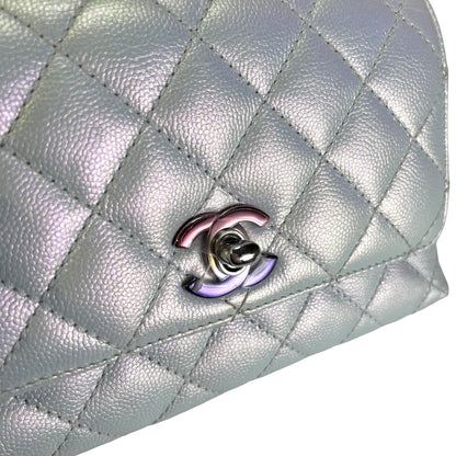 Used CHANEL Quilted Caviar Coco Handle Cross body bag Iridescent Silver Light Blue