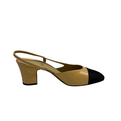 Used CHANEL Goatskin Slingbacks Heels Beige Black