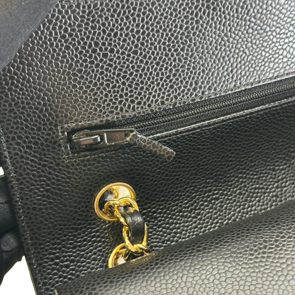 Used CHANEL Caviar Quilted Classic Double Flap Chain Shoulder Bag Black Gold