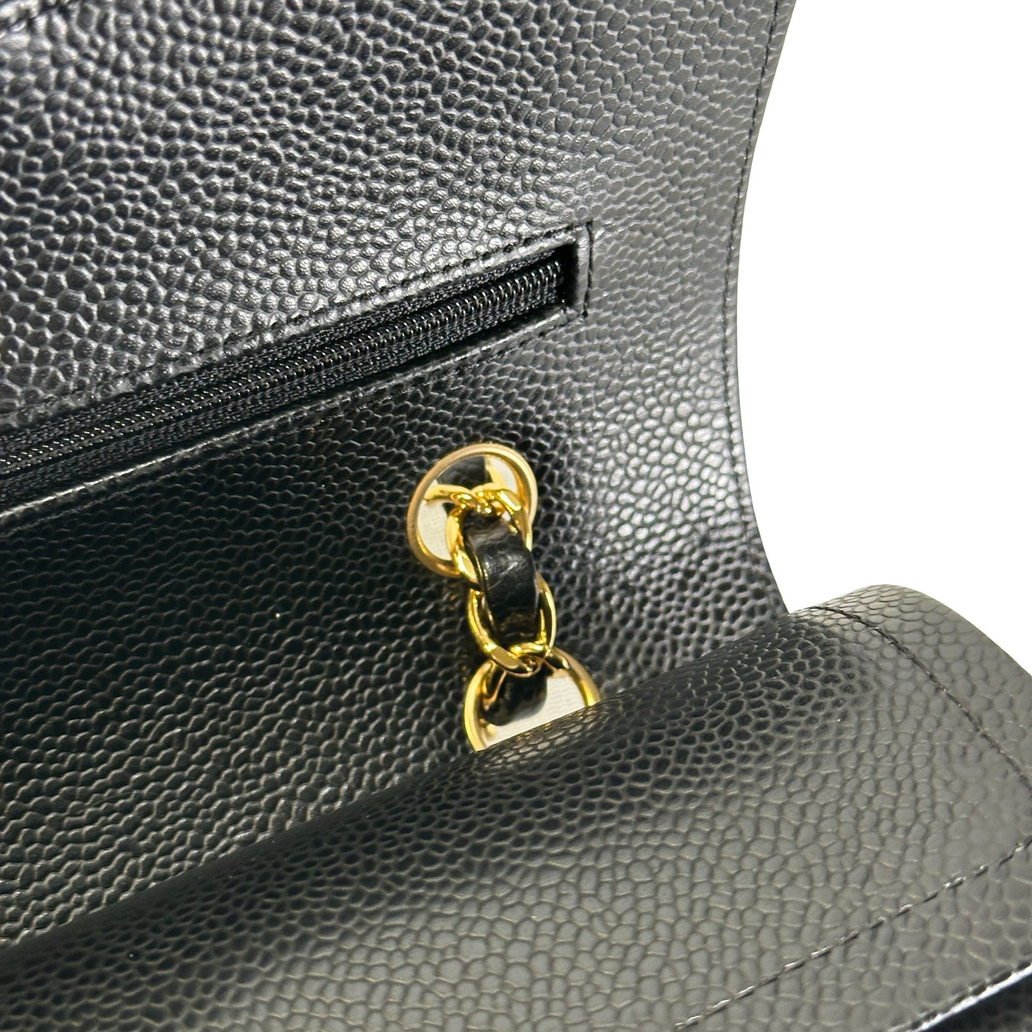 Used CHANEL Caviar Quilted Classic Double Flap Chain Shoulder Bag Black Gold