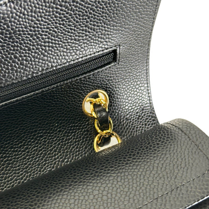 Used CHANEL Caviar Quilted Classic Double Flap Chain Shoulder Bag Black Gold