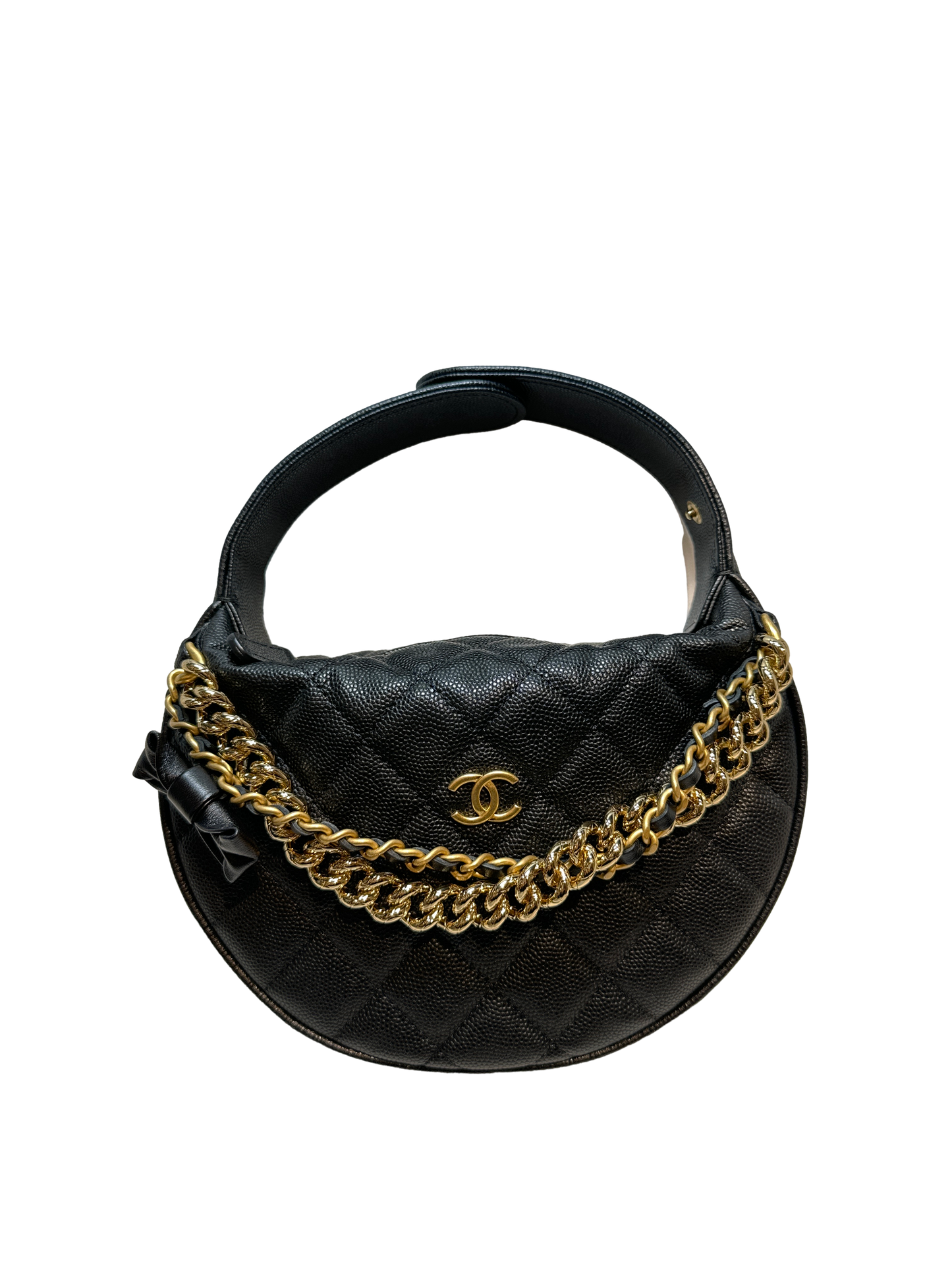 Used CHANEL Caviar Leather RIBBON HOBO POUCH Handbag Black GHW