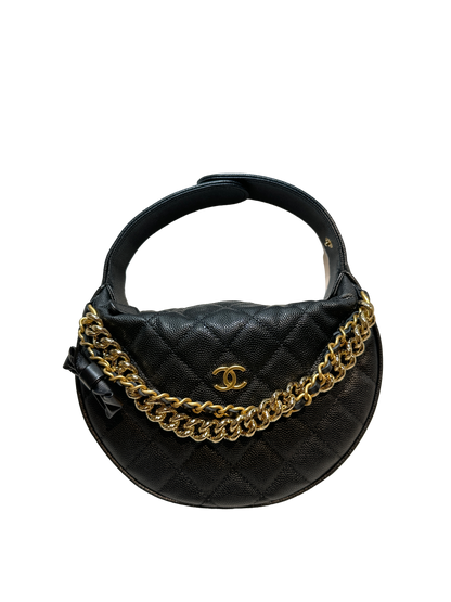 Used CHANEL Caviar Leather RIBBON HOBO POUCH Handbag Black GHW