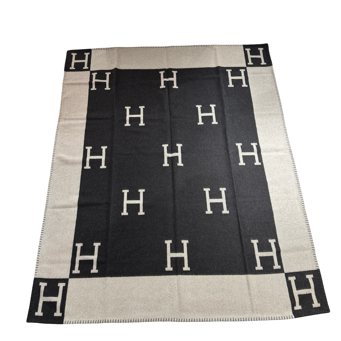 HERMES H Logo Avalon Blanket Accessories Black Grey
