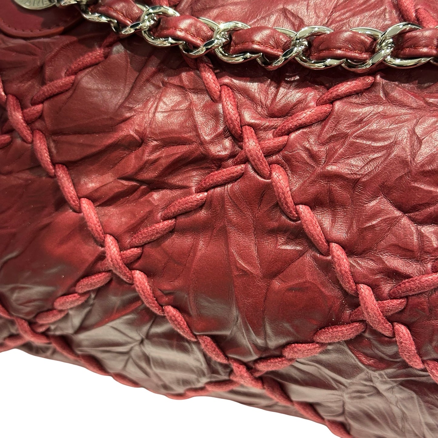 Used CHANEL Leather Quilted Tote Bag Handbag Burgundy