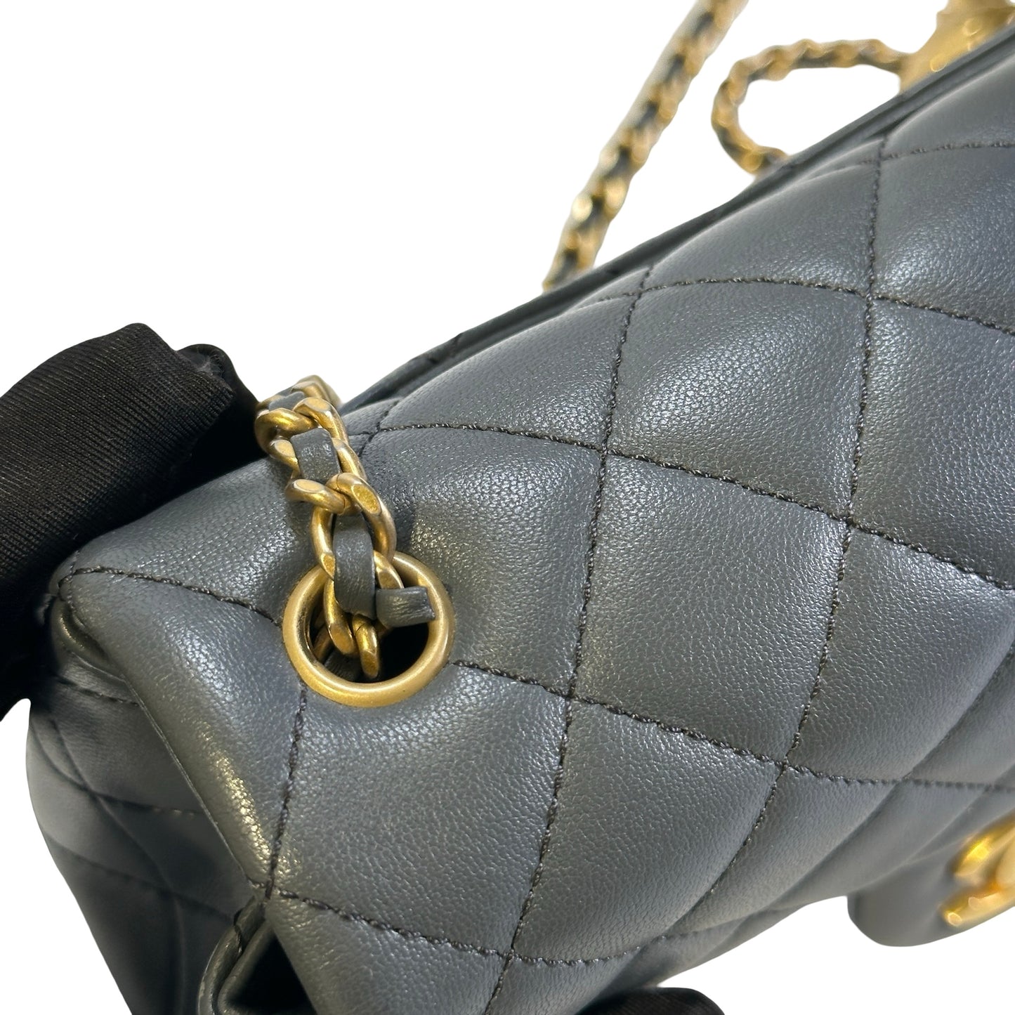 Used CHANEL Quilted Lambskin Mini Flap Bag With Gold Ball Mini Bag Grey GHW
