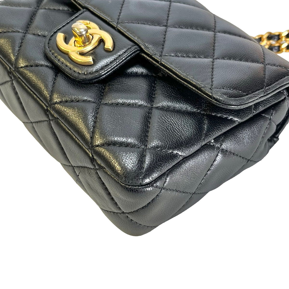 CHANEL Quilted Lambskin Mini Rectangular Flap Chain Shoulder Bag Black Gold