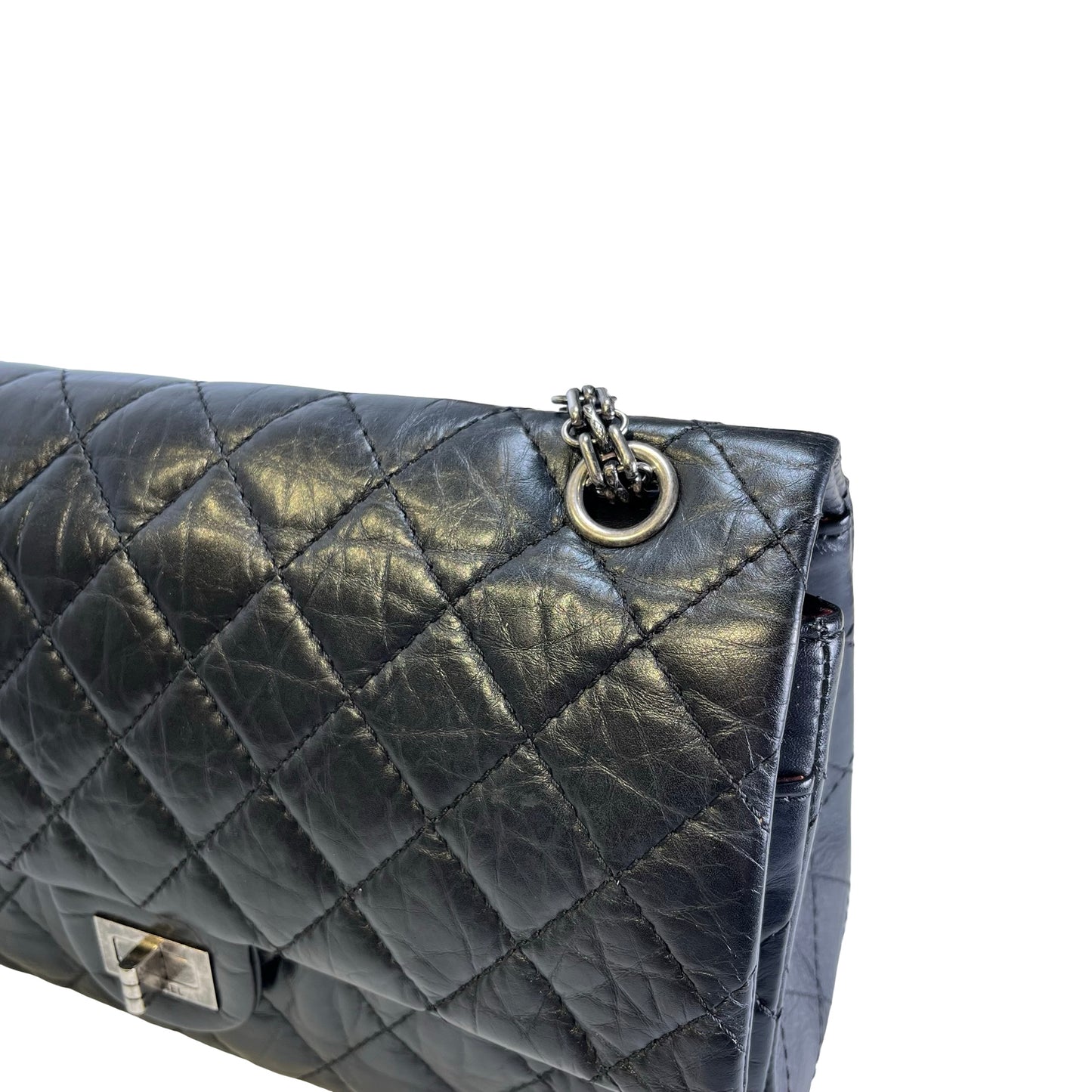 Used CHANEL Quilted Aged Calfskin 2.55 Medium Chain Shoulder Bag Black PHW