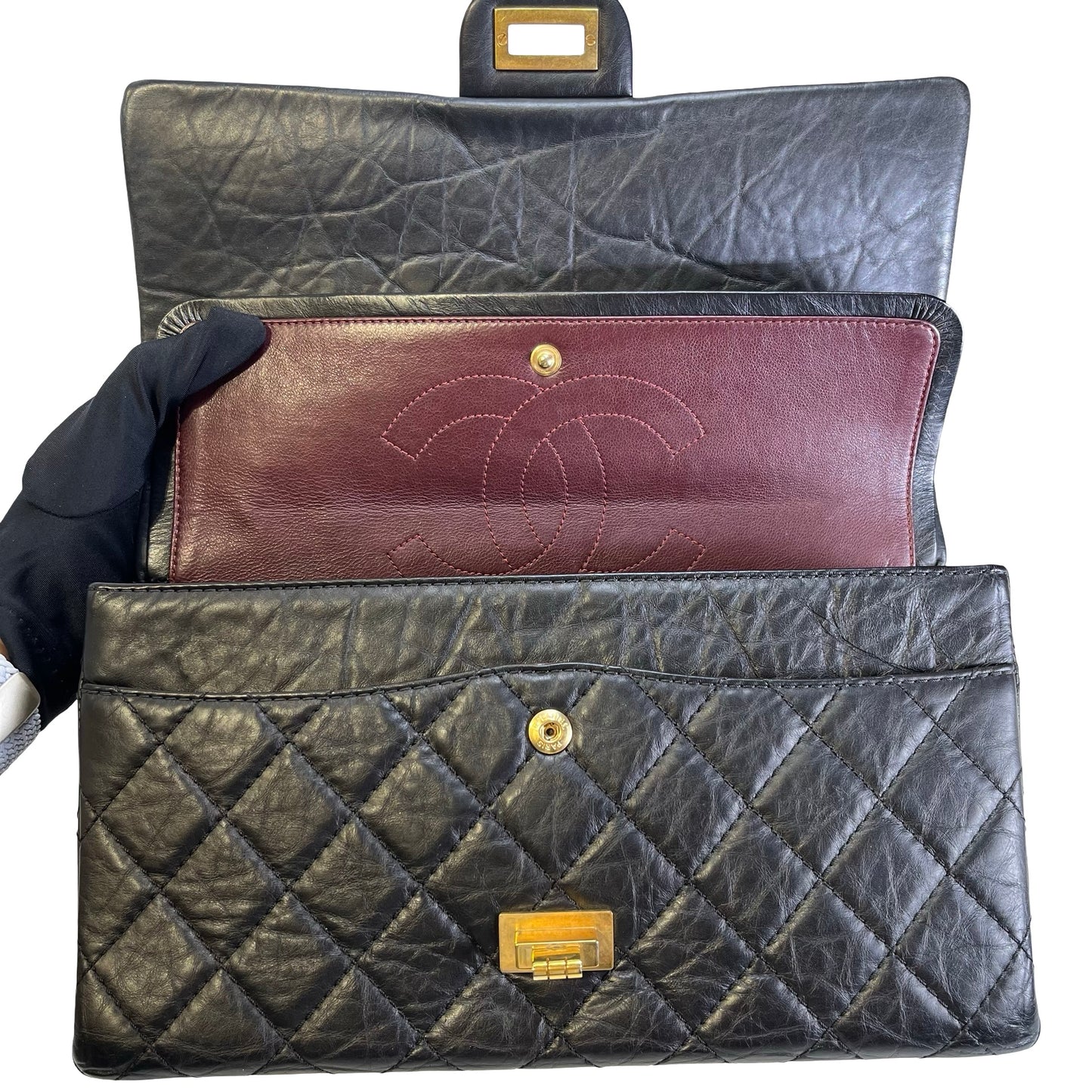 Used CHANEL Quilted Aged Calfskin 2.55 Medium Chain Shoulder Bag Black Gold