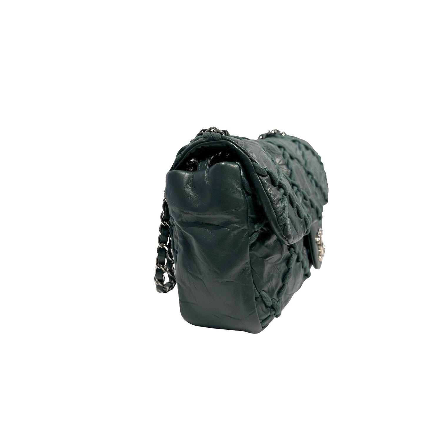 CHANEL Quilted Crinkled Calfskin Surpique Chain Shoulder Bag Dark Green Silver Hardware