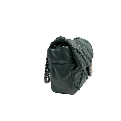 CHANEL Quilted Crinkled Calfskin Surpique Chain Shoulder Bag Dark Green Silver Hardware