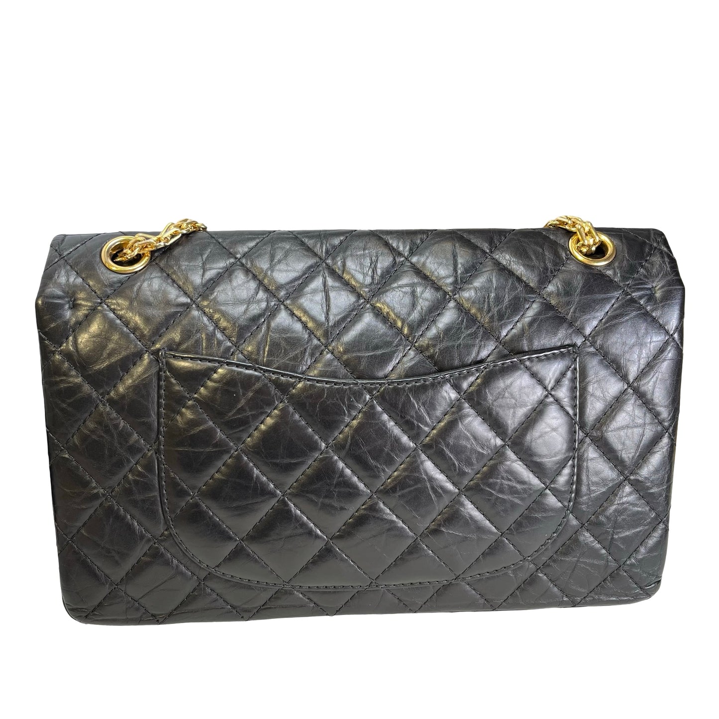 Used CHANEL Quilted Aged Calfskin 2.55 Medium Chain Shoulder Bag Black Gold