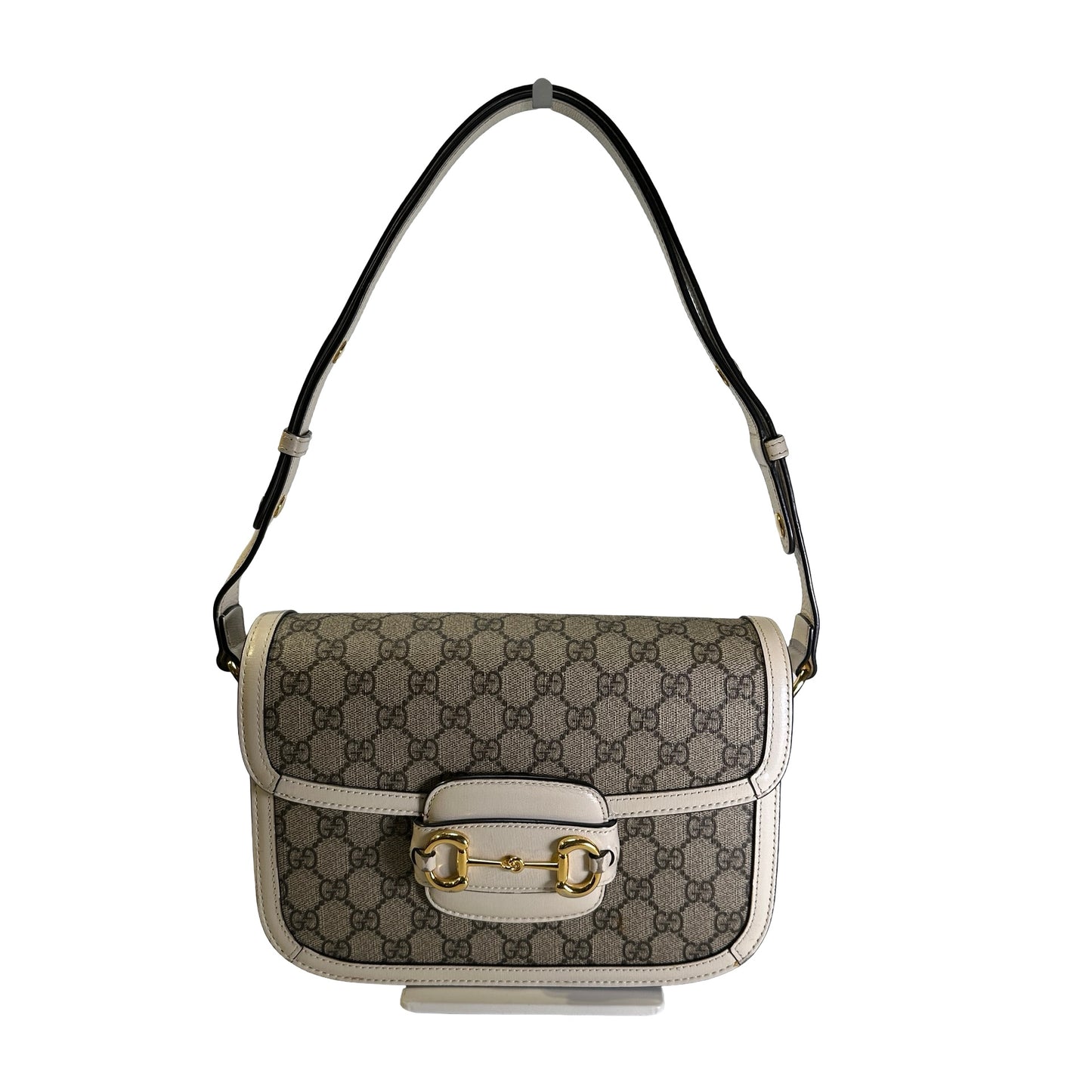 Used GUCCI GG Supreme Canvas Horsebit 1955 Shoulder Bag Beige White GHW
