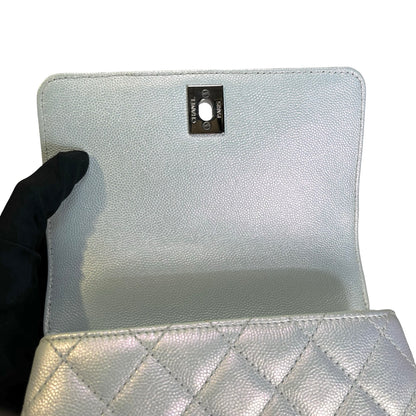 Used CHANEL Quilted Caviar Coco Handle Cross body bag Iridescent Silver Light Blue