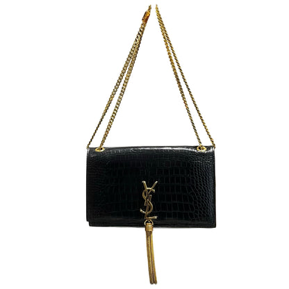 Used SAINT LAURENT Crocodile-Embossed Kate Medium Shoulder Bag Black GHW