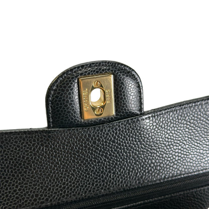 Used CHANEL Caviar Quilted Classic Double Flap Chain Shoulder Bag Black Gold