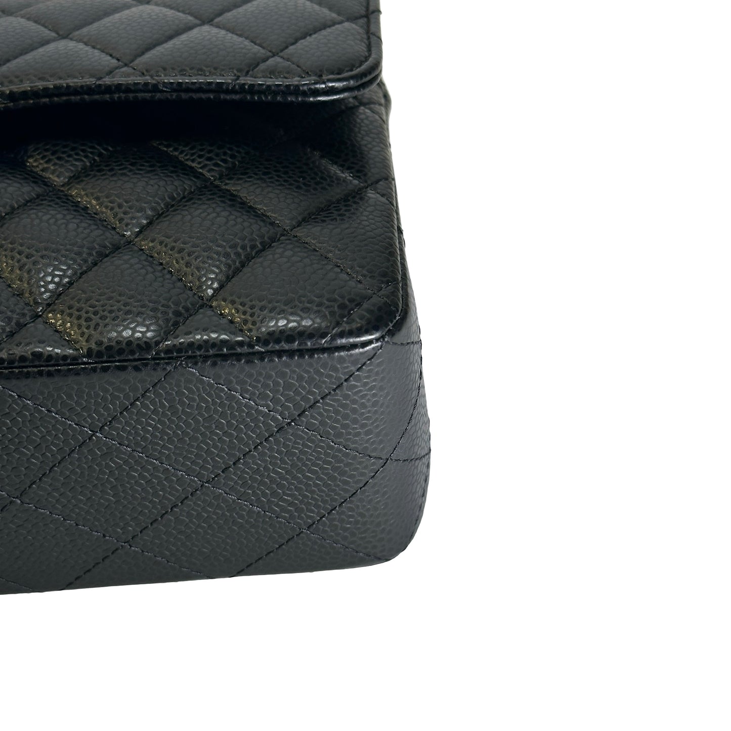 Used CHANEL Caviar Quilted Classic Double Flap Chain Shoulder Bag Black Gold