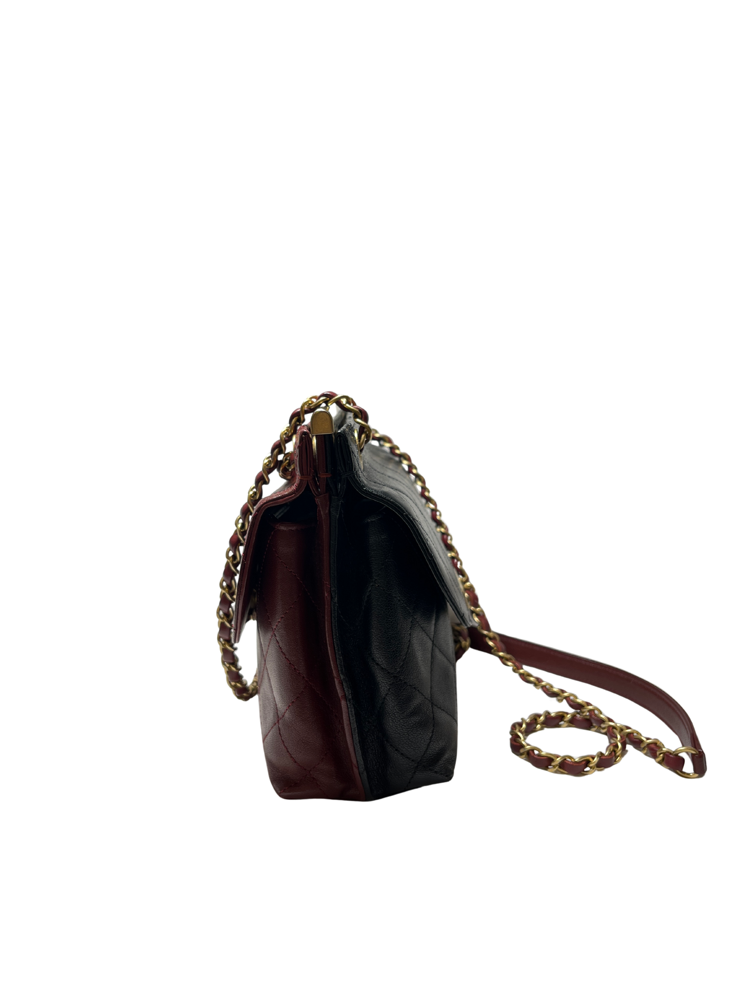 Used Chanel Calfskin Leather Double Sided Flap Shoulder Bag Black Wine Red