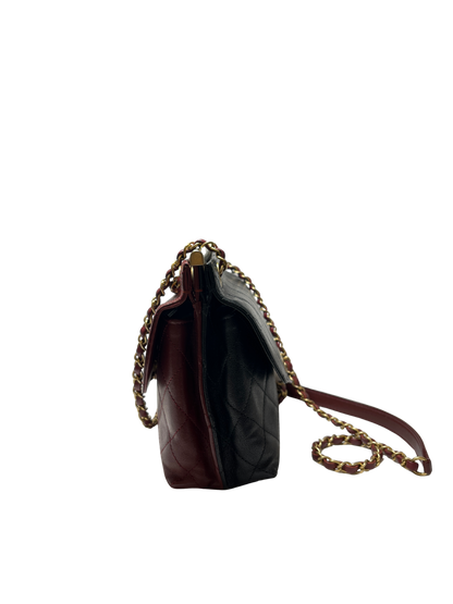Used Chanel Calfskin Leather Double Sided Flap Shoulder Bag Black Wine Red