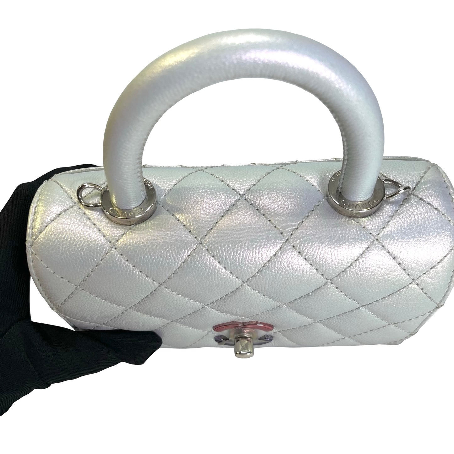 Used CHANEL Quilted Caviar Coco Handle Cross body bag Iridescent Silver Light Blue