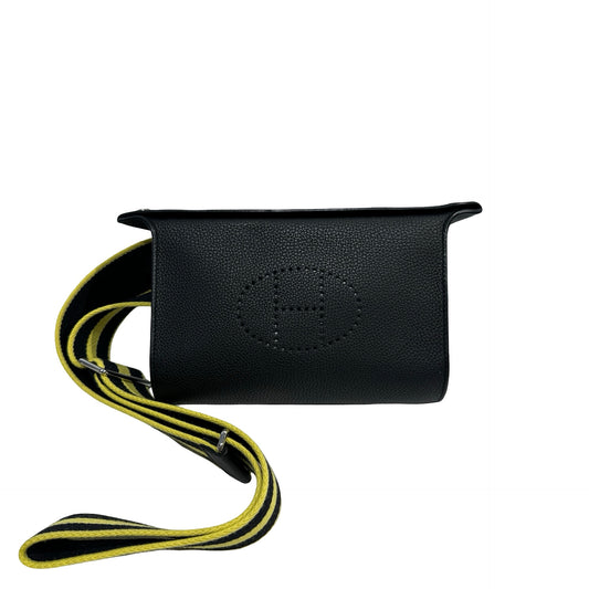 Used HERMES Clemence Leather VIDEPOCHES Shoulder Bag Black PHW
